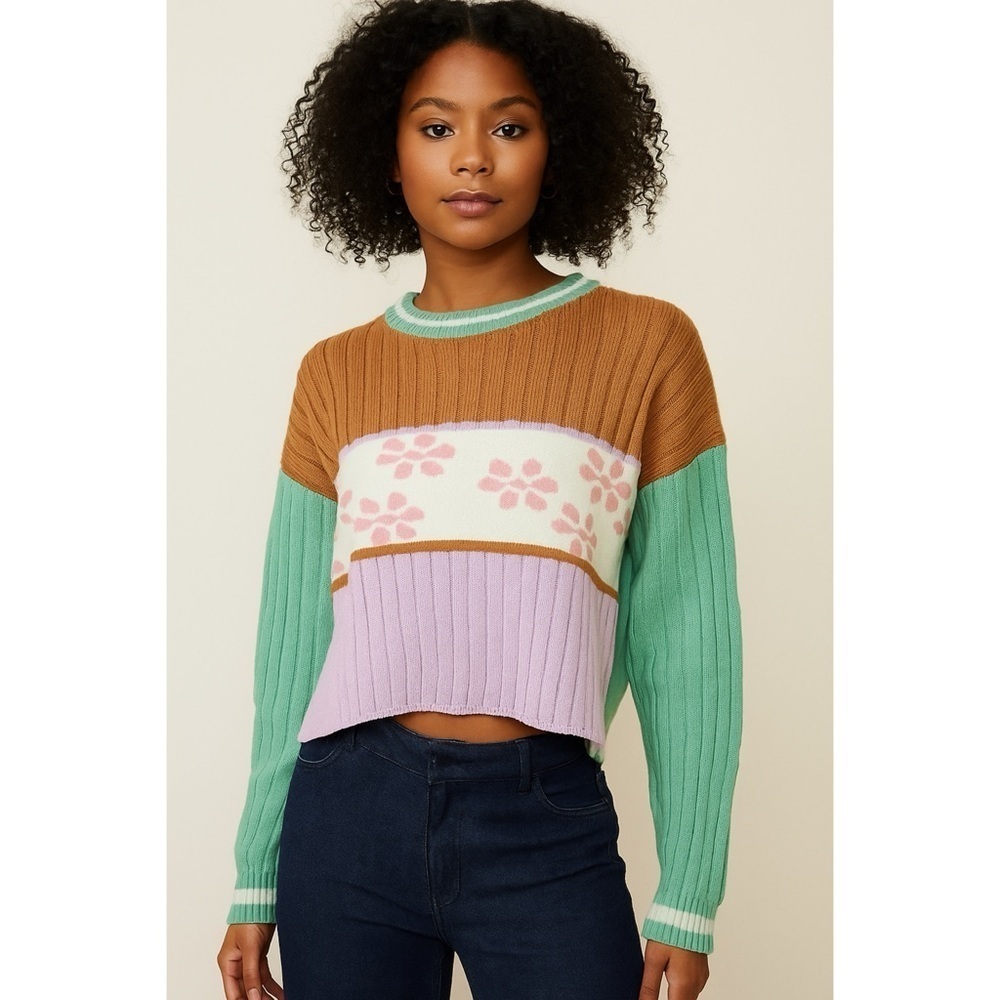 Baevely Preppy Ribbed Knit Cropped Long Sleeve Academia  Retro Style Sweater S